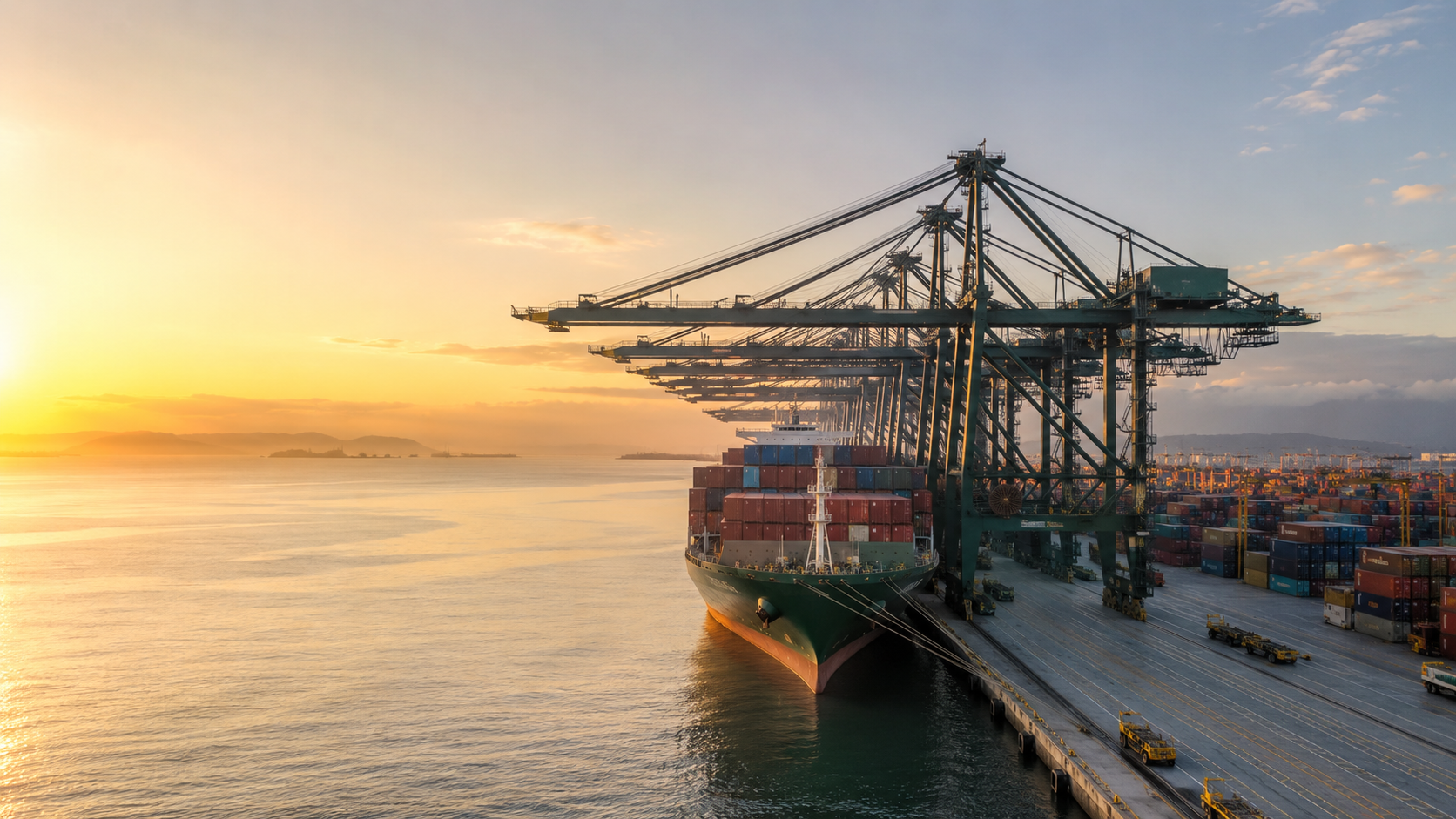 Container ship and port infrastructure at sunrise